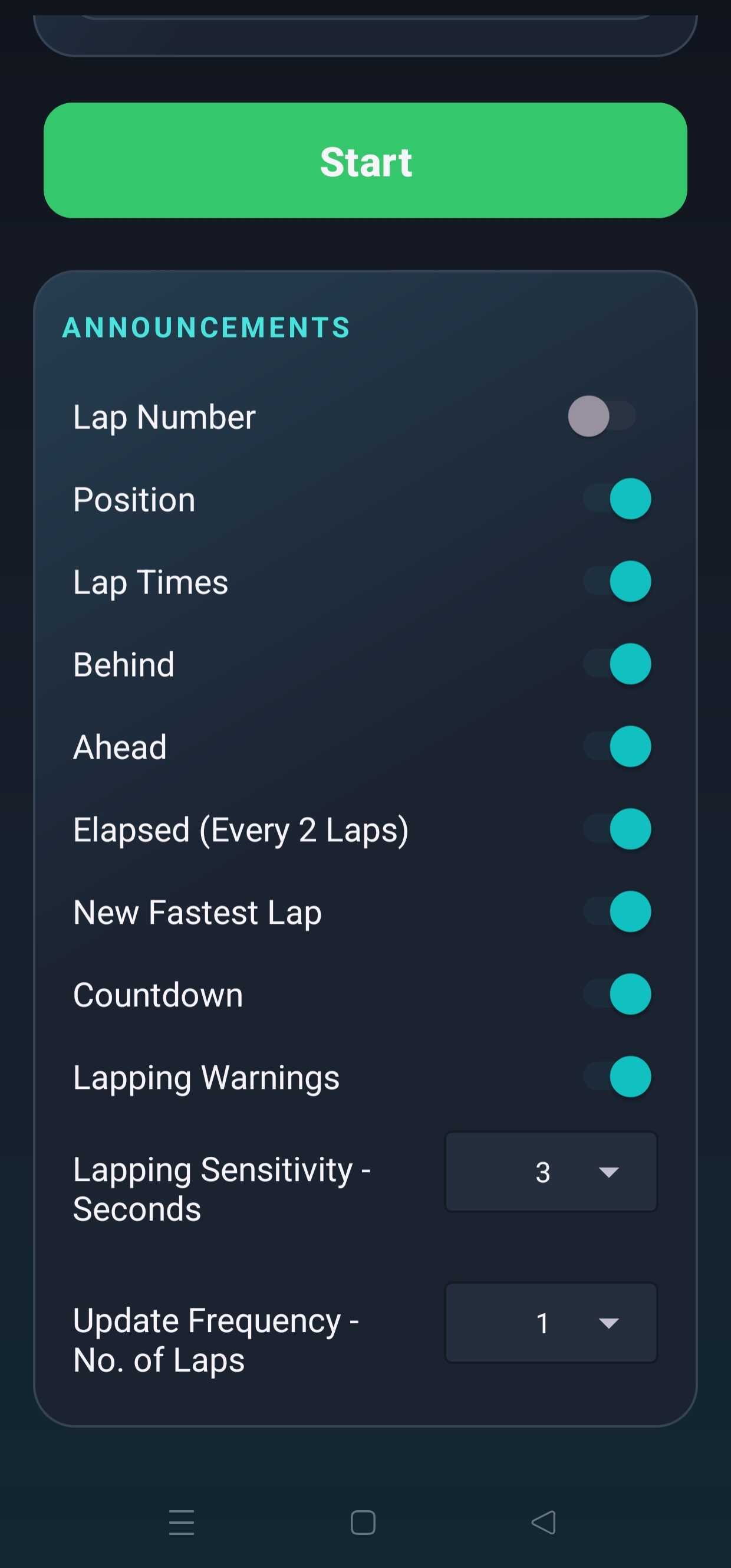 Lapify announcement controls including Countdown, Lapping Warnings and lapping sensitivity