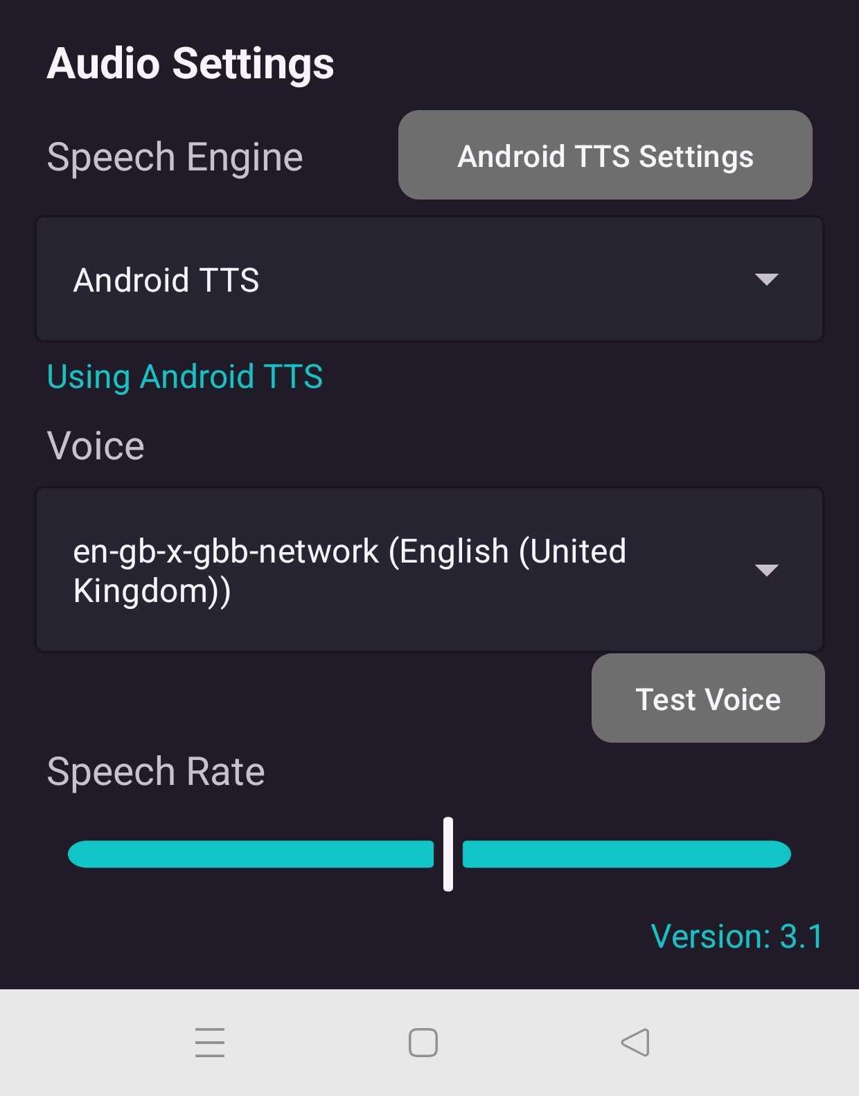 Lapify audio settings with voice and speech rate controls