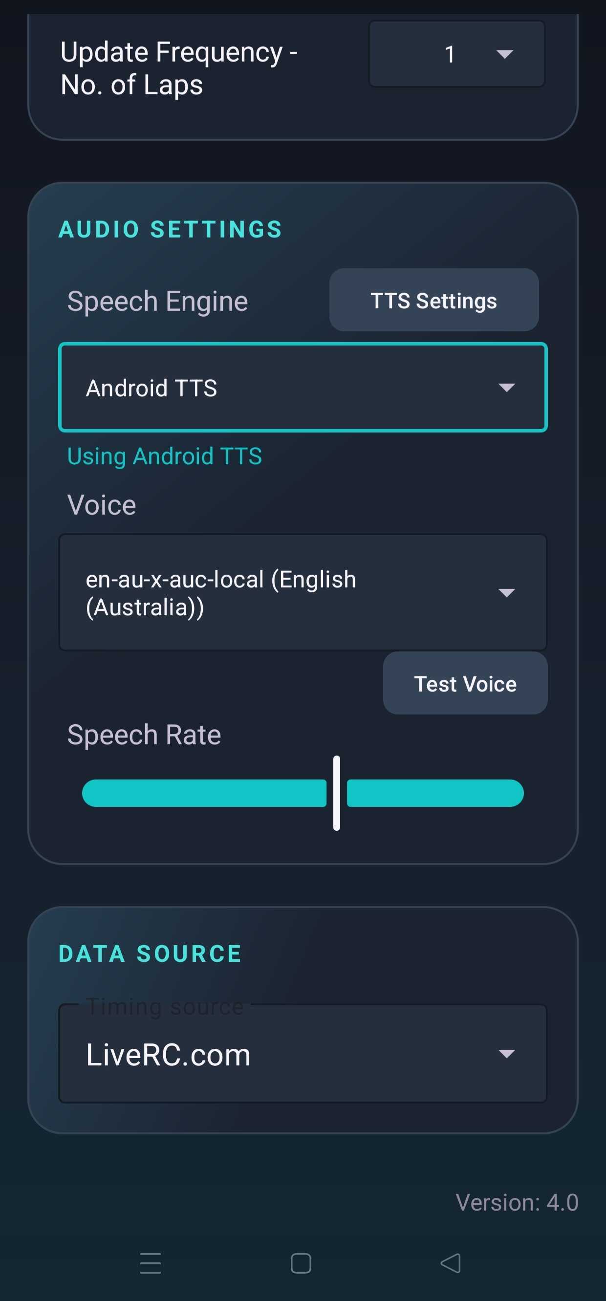 Lapify audio settings with voice and speech rate controls