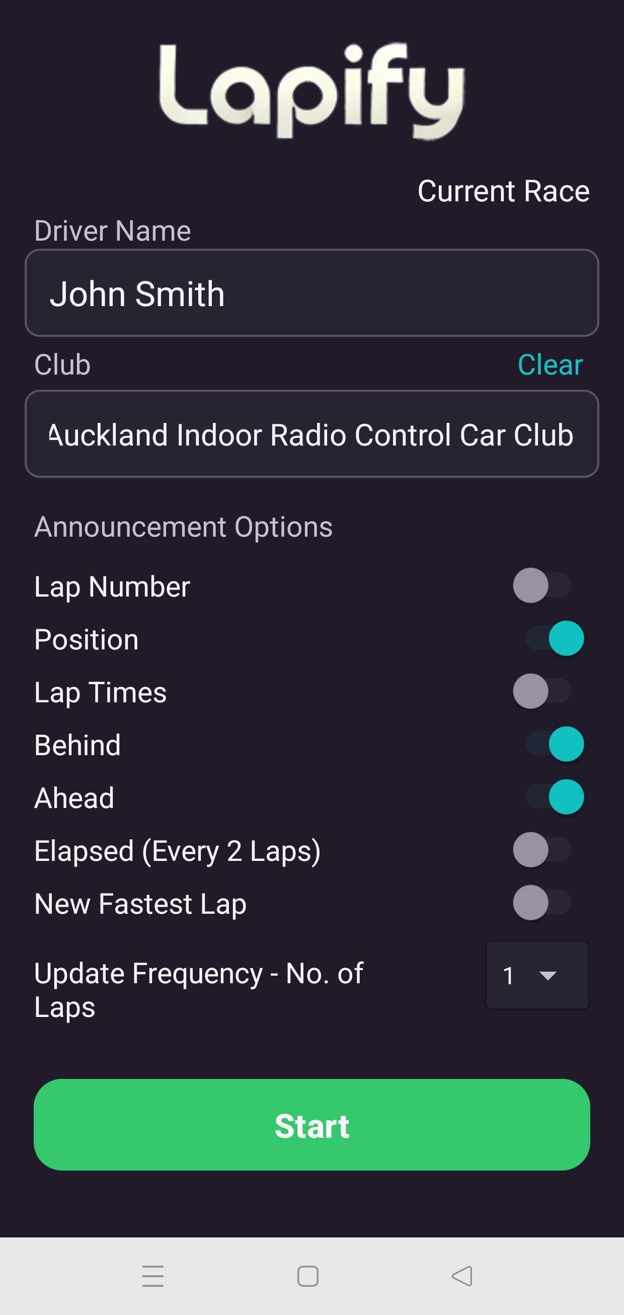 Lapify race setup screen showing driver, club and announcement choices