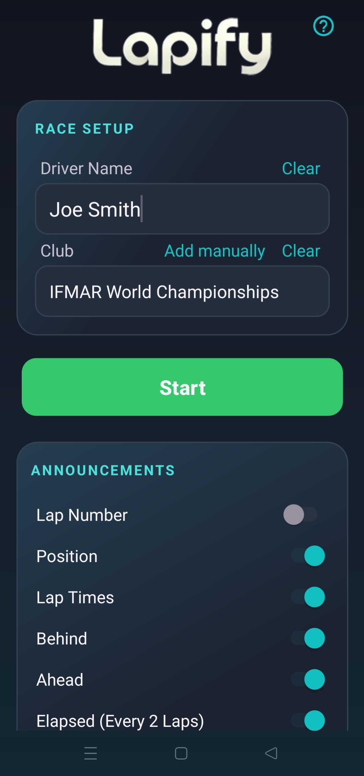 Lapify race setup screen showing driver, club and announcement choices